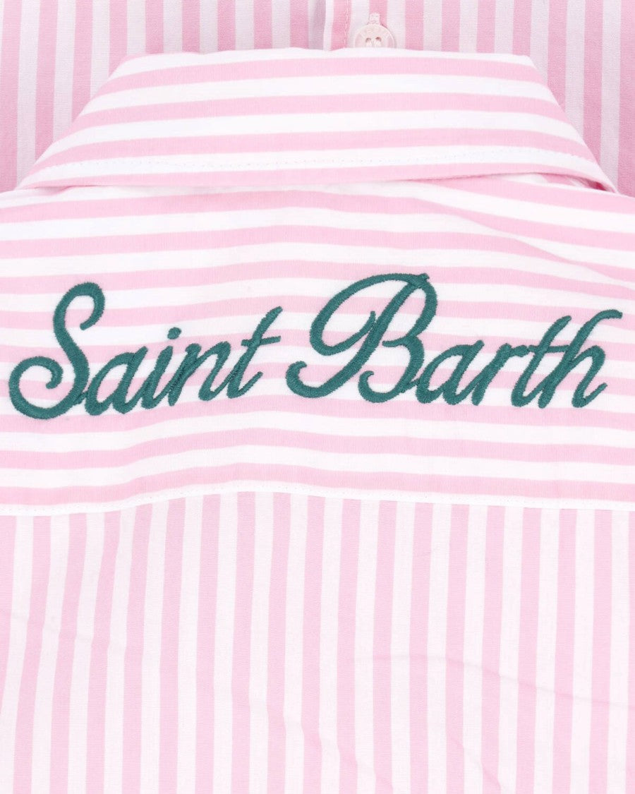 Mc2 Saint Barth Long-Sleeved Cotton Shirt With Vertical Pink Stripes And Logo Embroidery