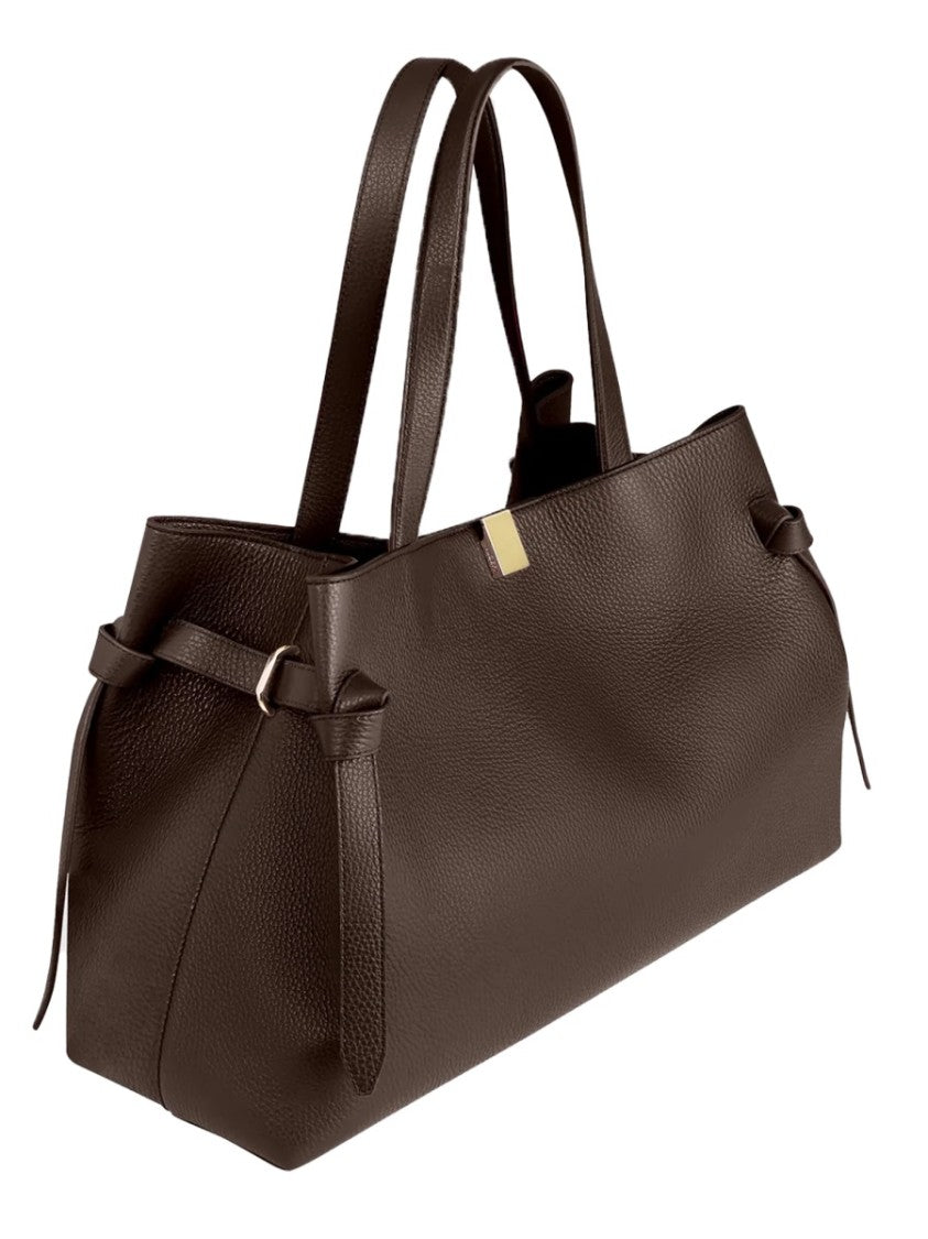 Yuzefi Structured Brown Leather Tote Bag With Gold-Tone Clasp