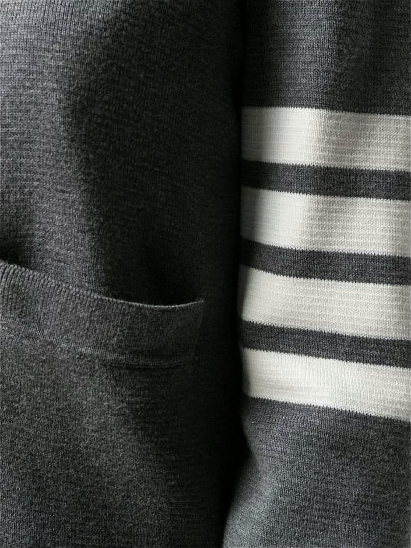Thom Browne Classic V-Neck Grey Knitwear Cardigan With Striped Accents