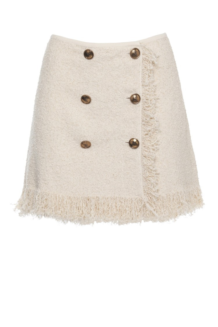 Elisabetta Franchi Beige Mini Skirt With Logo-Embossed Buttons And Fringed Hem