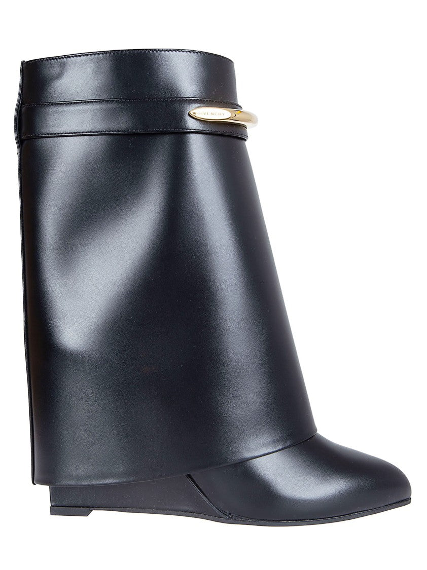 Givenchy Pointed Toe Black Calf Leather Ankle Boots With Covered Wedge Heel
