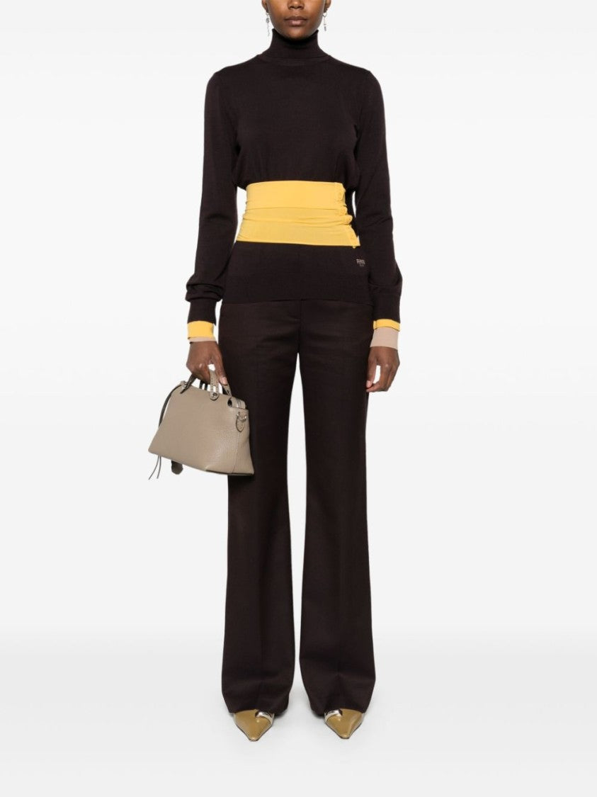 Fendi High Neck Dark Violet Sweater With Contrasting Yellow Band