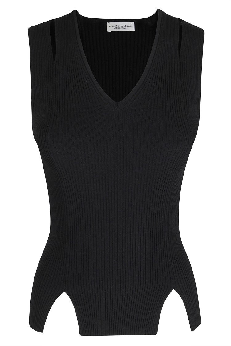Roberto Collina Black Fitted Ribbed Cut-Out Viscose-Blend Tank Top