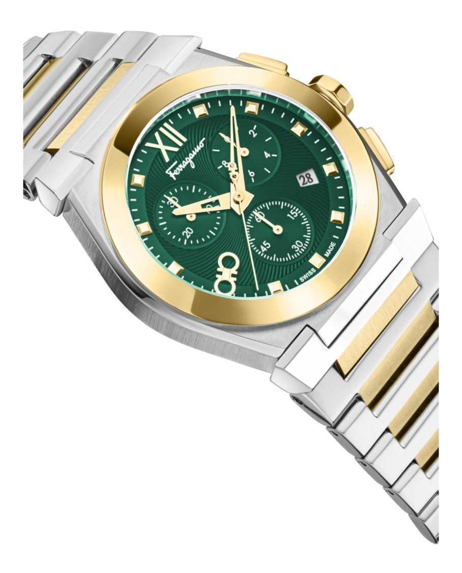 Ferragamo Vega Chrono Bracelet Watch With Green Guilloche Dial And Two-Tone Design