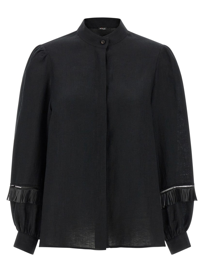 Kiton Fringed Linen Shirt With Mandarin Collar And Puff Sleeves
