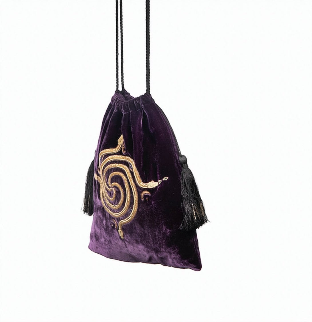 Hamoulet Amethyst Velvet Bucket Bag With Gold Embroidery And Tassels