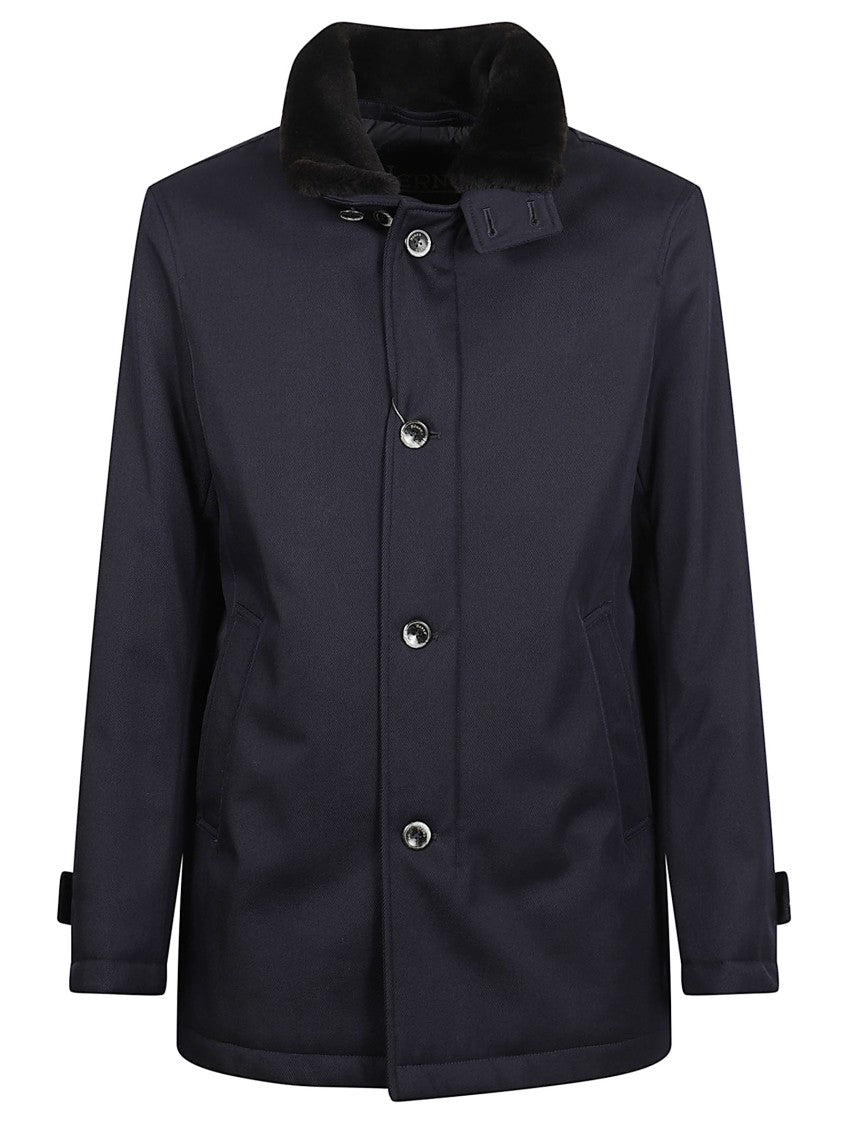 Herno Structured Blue Virgin Wool Coat With Fur Collar