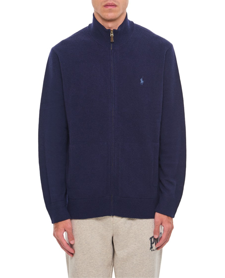 Polo Ralph Lauren Blue Ribbed-Trim High Neck Full-Zip Sweater