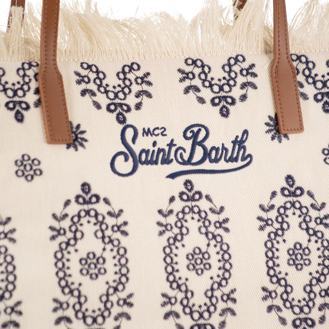 Mc2 Saint Barth Spacious Cream Tote Bag With Navy Embroidery