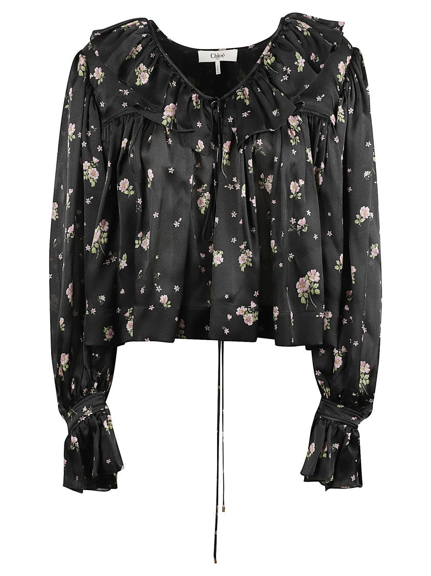 Chloé V-Neck Maxi Gathered Ruffle Top In Silk Charmeuse