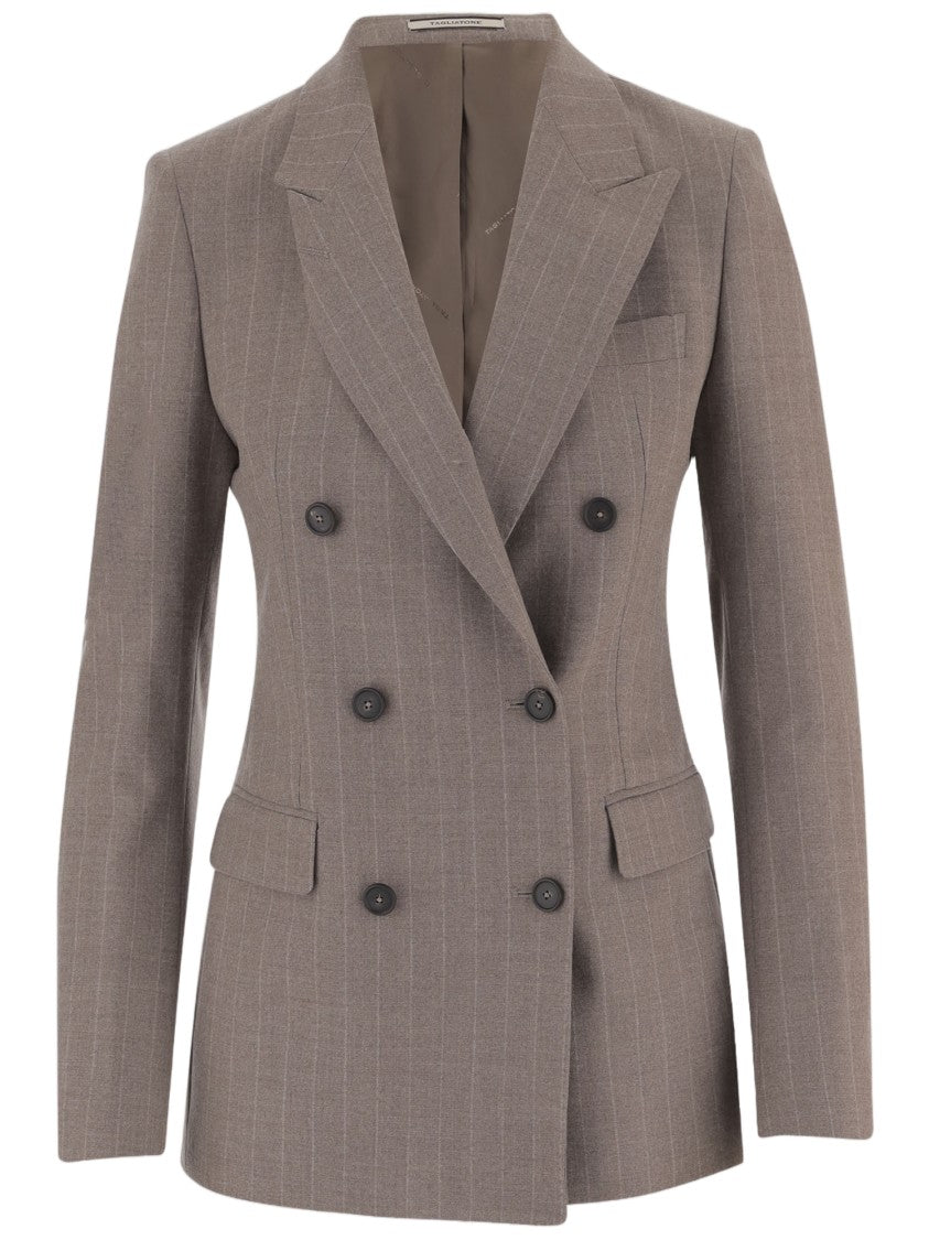 Tagliatore Beige Stretch Wool Pinstripe Double-Breasted Blazer