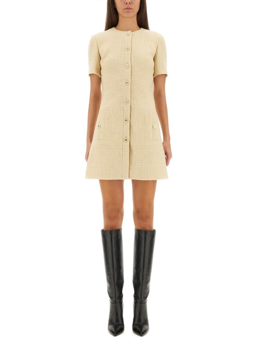 Gucci Textured Wool Tweed Mini Dress With Fitted Cut And Button Details