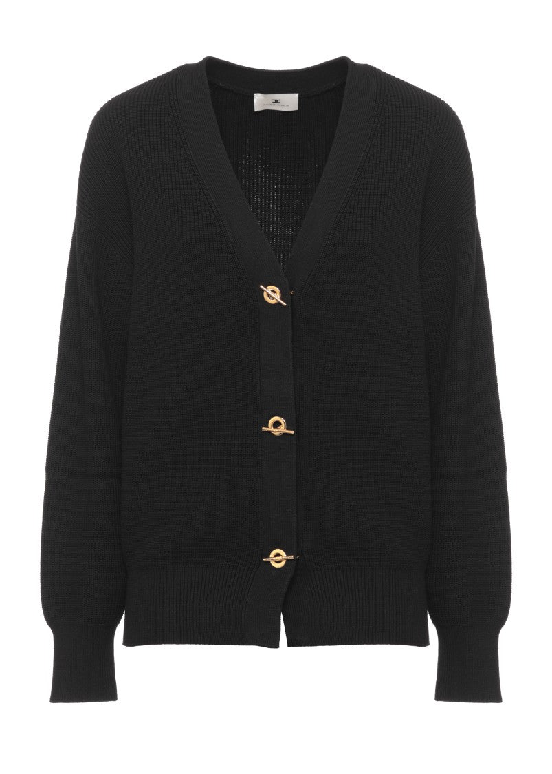 Elisabetta Franchi Ribbed Black Sweater With Gold T-Closure And Cropped Fit