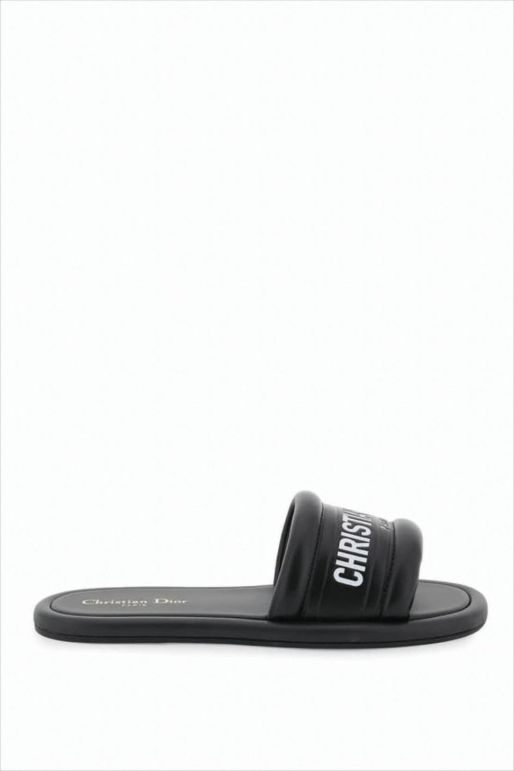 Christian Dior Lambskin Black Slide Sandals With Bold Lettering