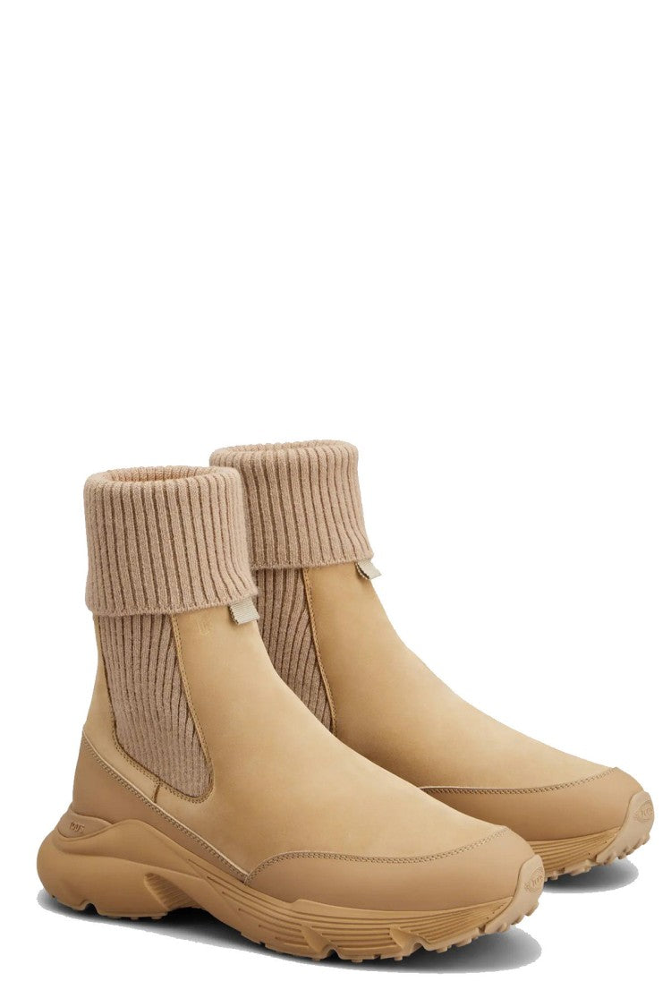 Tod's Beige Ribbed Sock Cuff Rubber-Leather Sneaker Boots