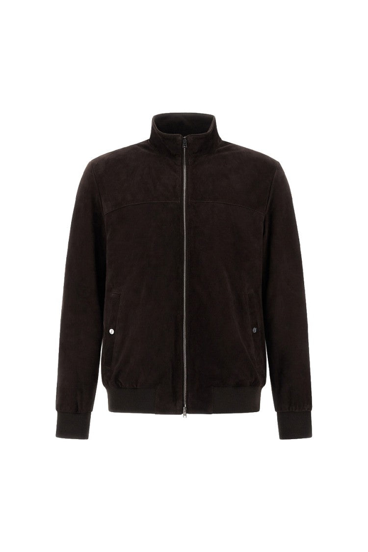 Herno Brown Leather Stand-Collar Zip Jacket