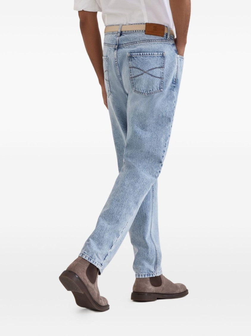 Brunello Cucinelli Light Blue Denim Trousers With Tapered Leg And Five-Pocket Design