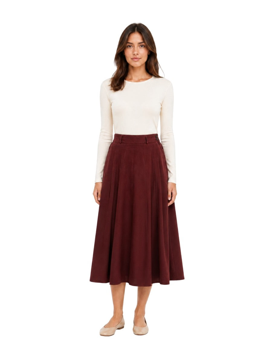 Pomandère Burgundy High-Waist Pleated Cotton-Wool Midi Skirt