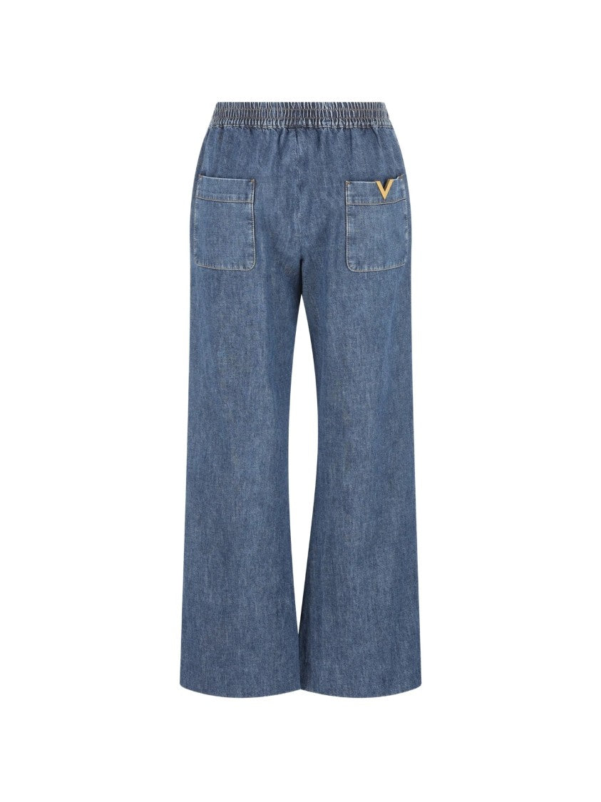 Valentino Medium Blue Wide-Leg Drawstring Denim Jeans