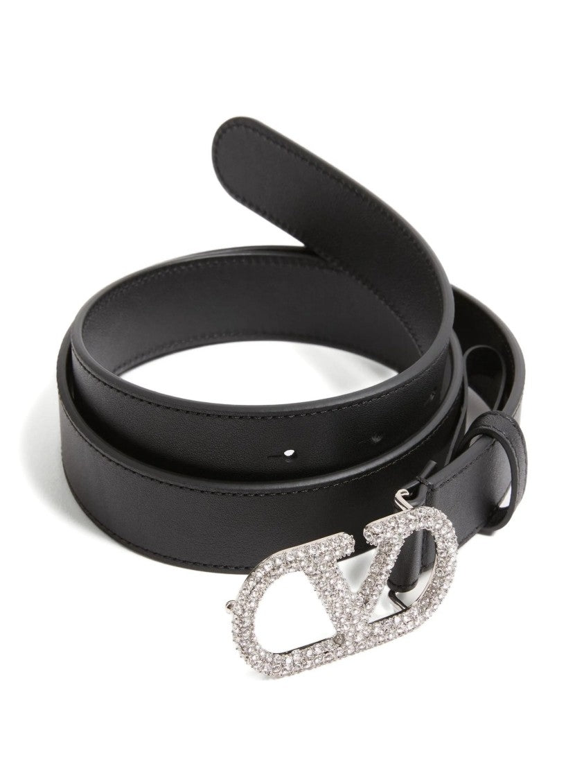 Valentino Black Vlogo Signature Crystal Buckle Belt