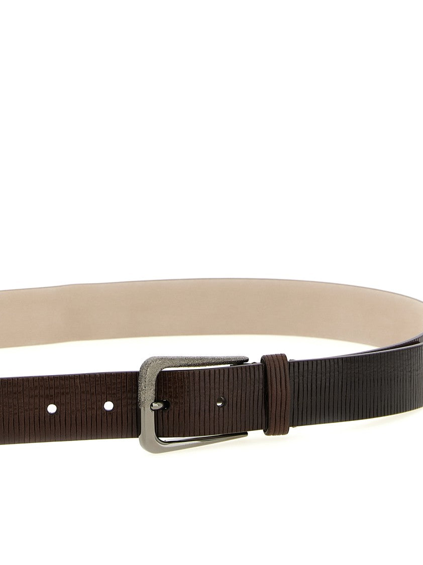Brunello Cucinelli Textured Brown Leather Belt With Metal Buckle