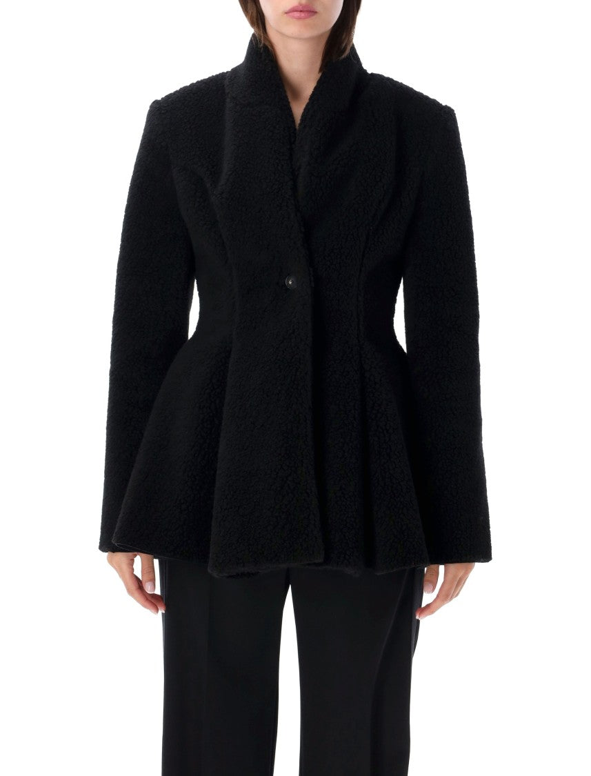 Stella Mccartney Textured Black Waisted Plush Coat With High Collar