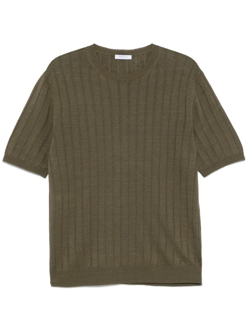 Boglioli Ribbed Green Linen-Cotton Blend T-Shirt