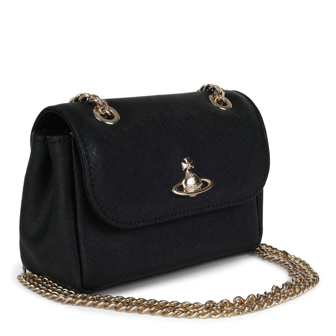 Vivienne Westwood Textured Black Leather Shoulder Bag With Gold-Tone Orb Emblem