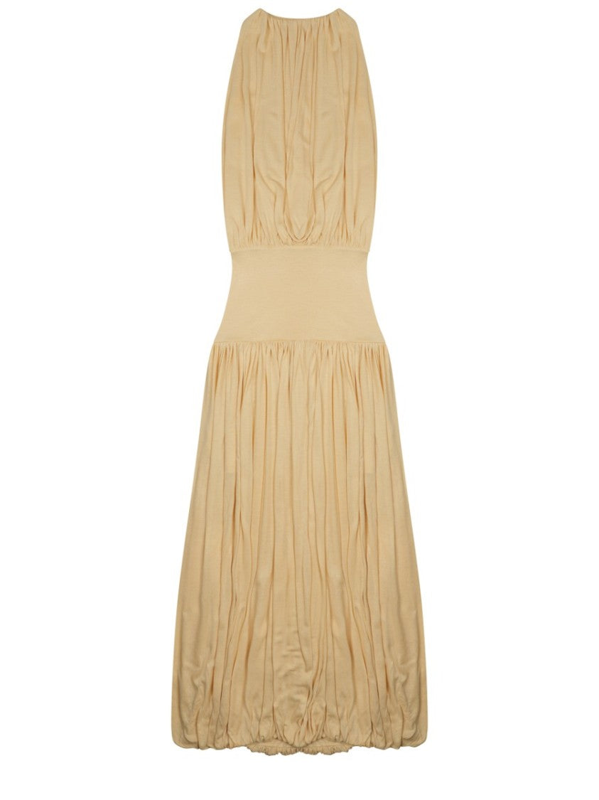 Totême Draped Midi Dress With Gathered Bodice And Bubble Hem