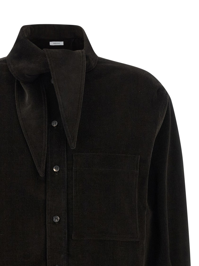 Ferragamo Striped Velvet Overshirt With Lavallière Collar