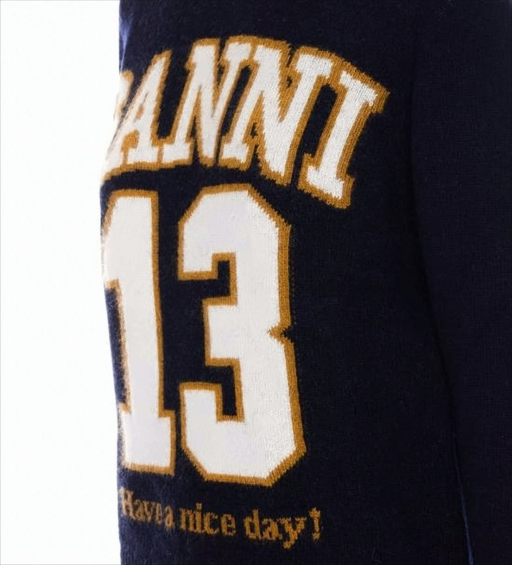 Ganni Varsity-Style Black Knit Sweater With Crew Neckline