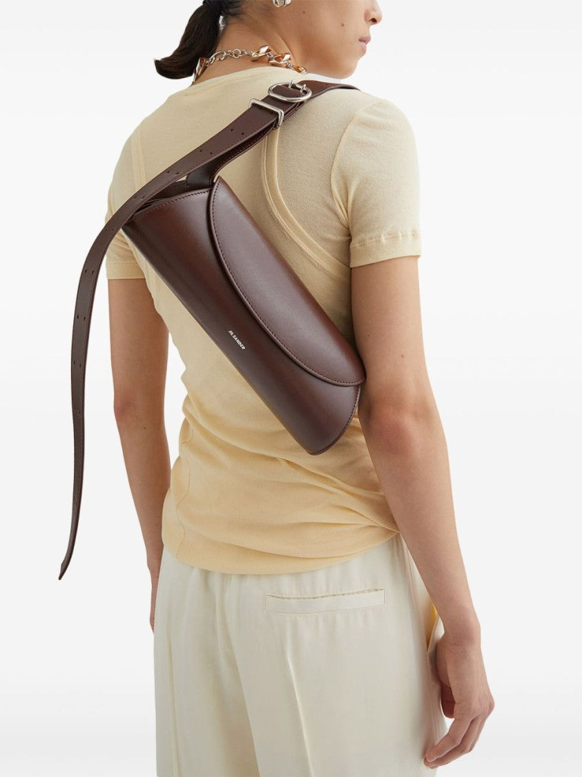 Jil Sander Curved Flap Brown Calf Leather Shoulder Bag