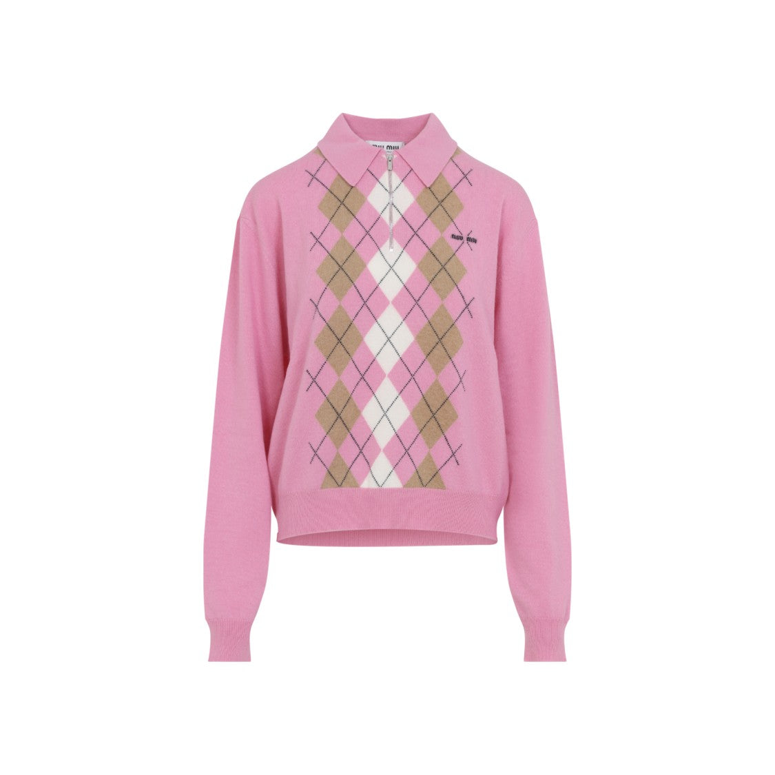 Miu Miu Argyle Cashmere Pullover Sweater With Zip Collar