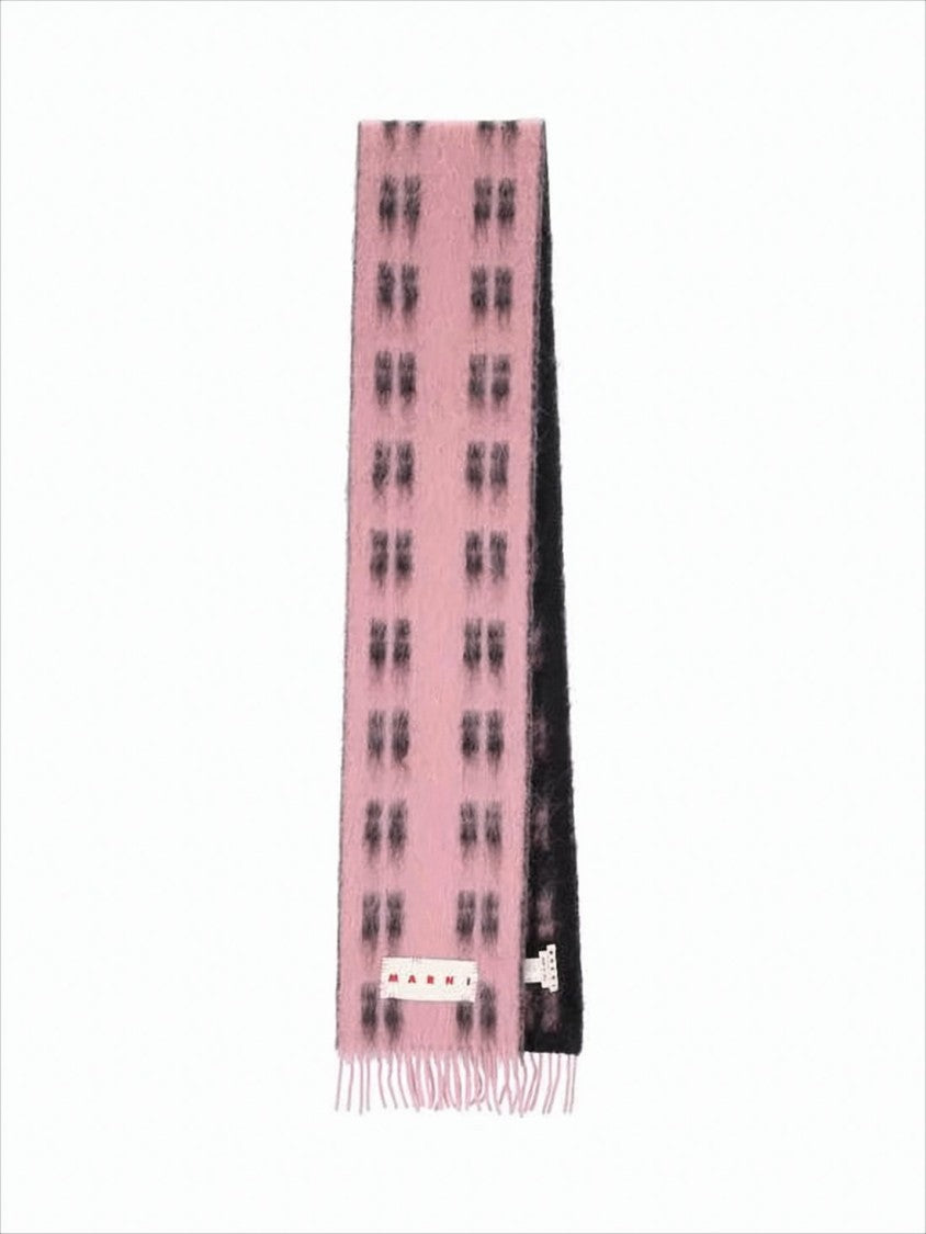 Marni Checkered Patterned Scarf With Fringed Ends And Distinctive Label