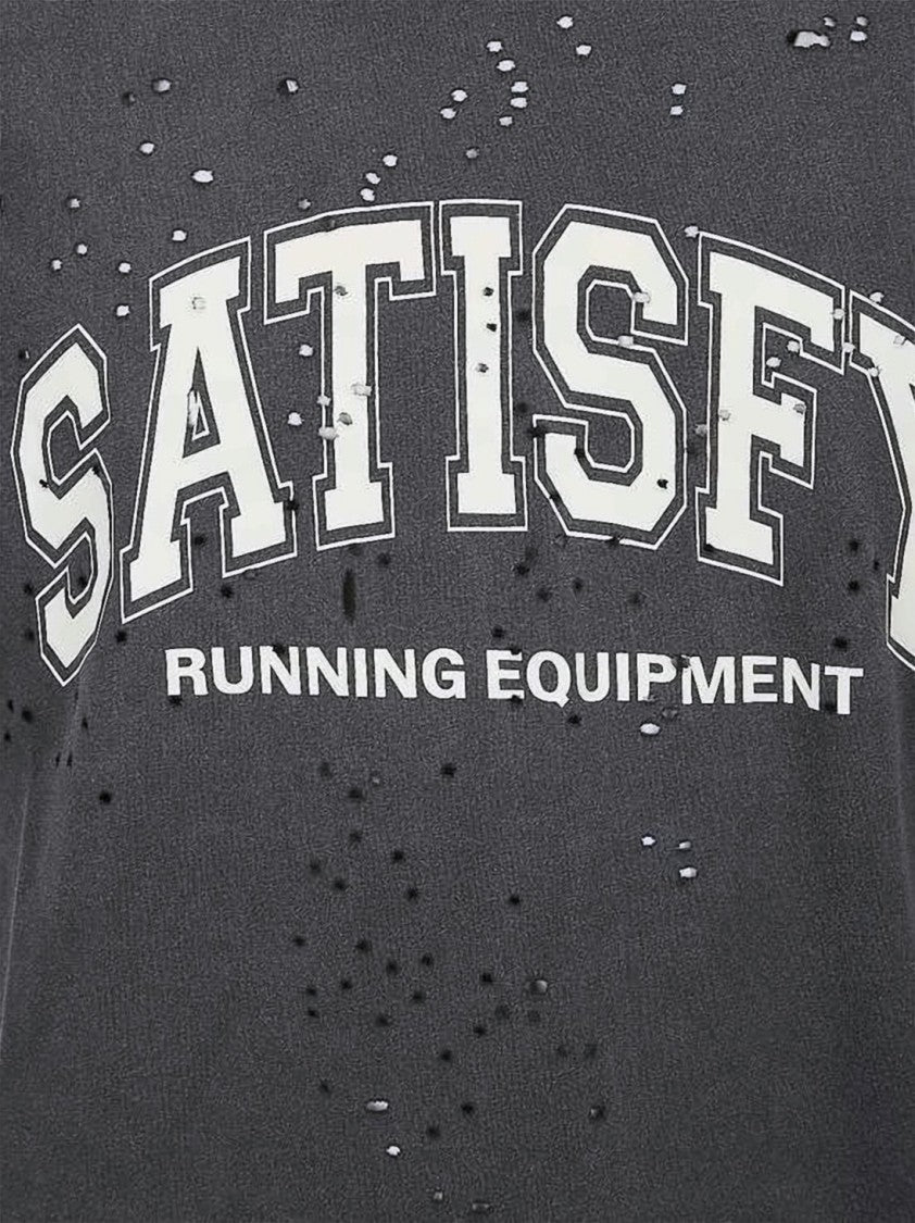 Satisfy Distressed Black Printed T-Shirt With Collegiate Text