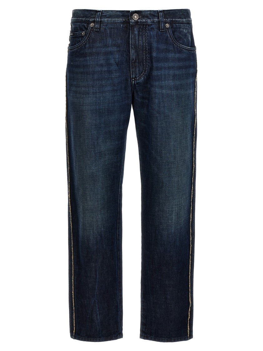 Dolce & Gabbana Dark Denim Jeans With Frayed Side Stitching