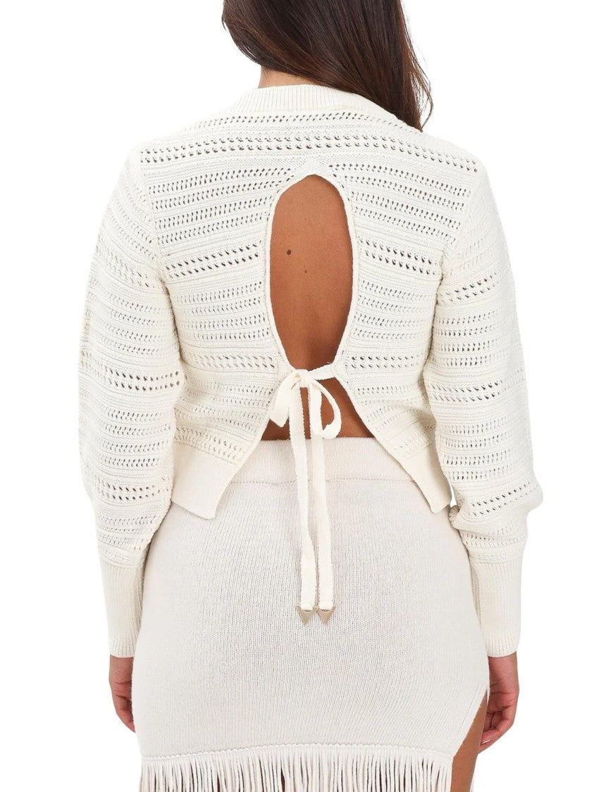 Akep Perforated Knit Crew Neck Sweater With Unique Bow Detail