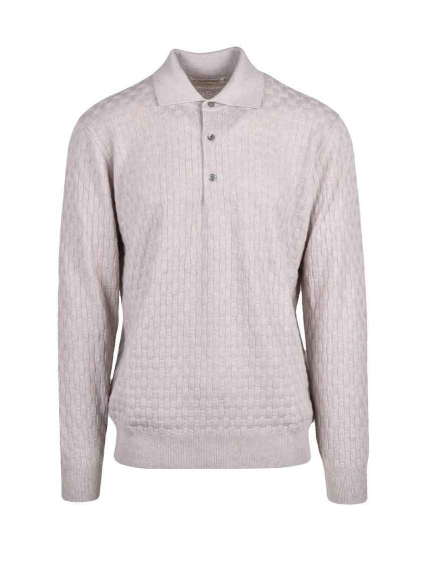 Filippo De Laurentiis Stone Merino Wool-Blend Knit Polo Shirt