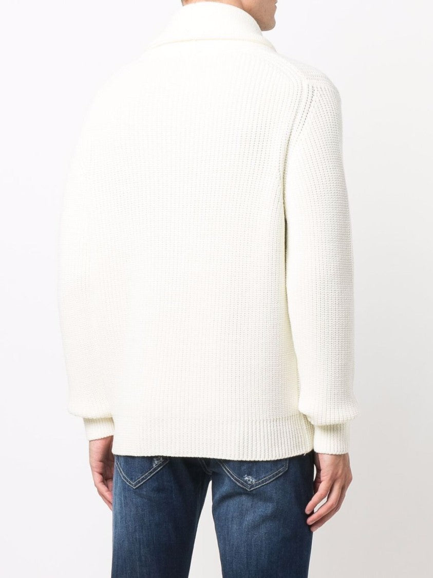 Drumohr Rib Stitch White Cardigan With Shawl Collar