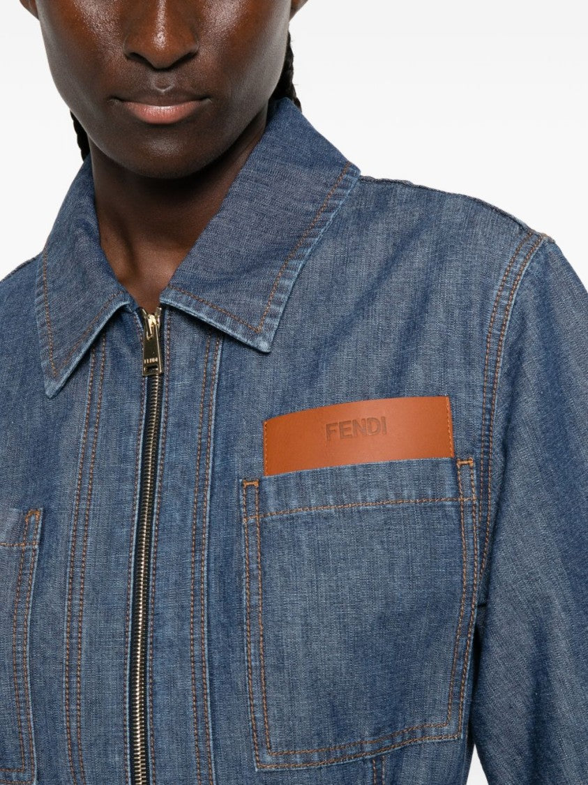Fendi Structured Denim Contrast Leather Mini Dress