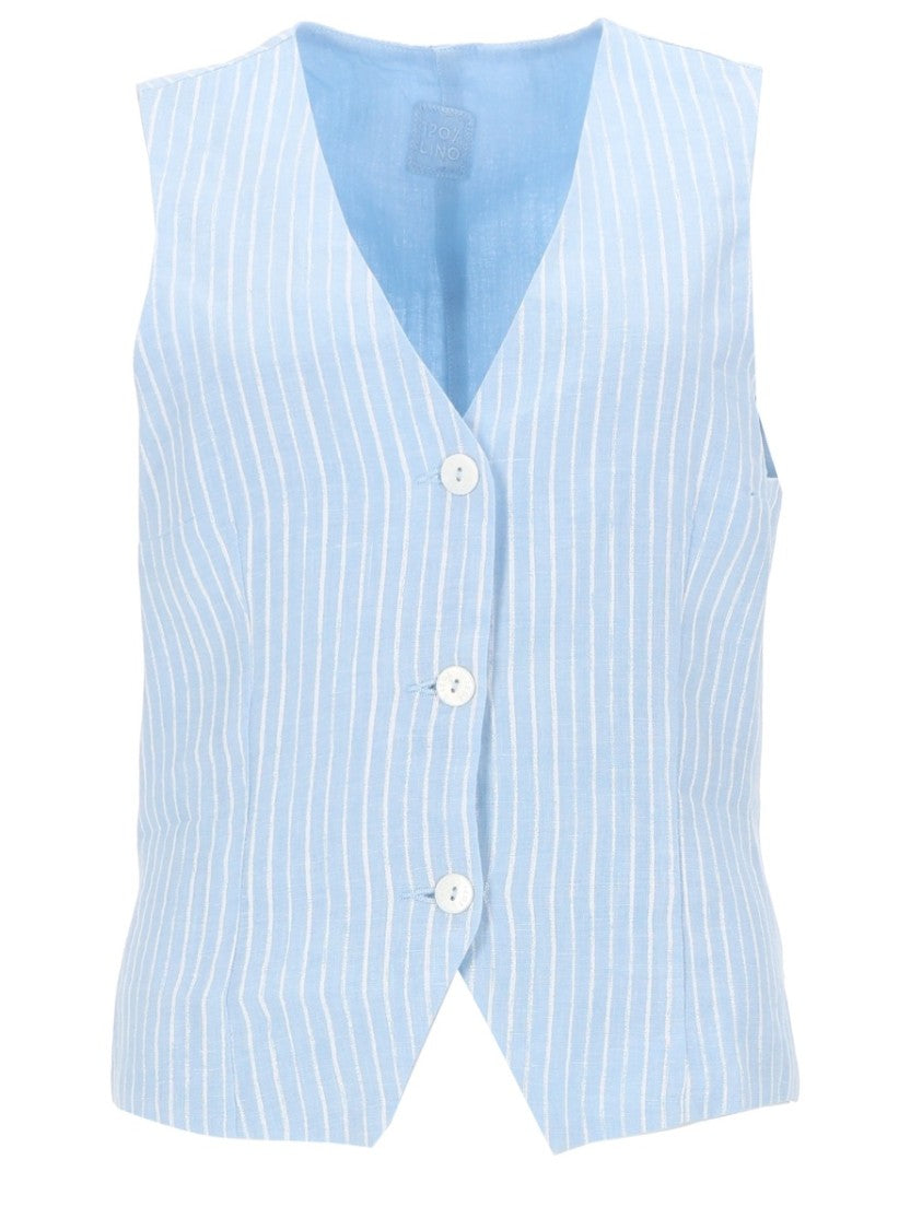 120% Lino Blue Striped Linen Sleeveless Vest