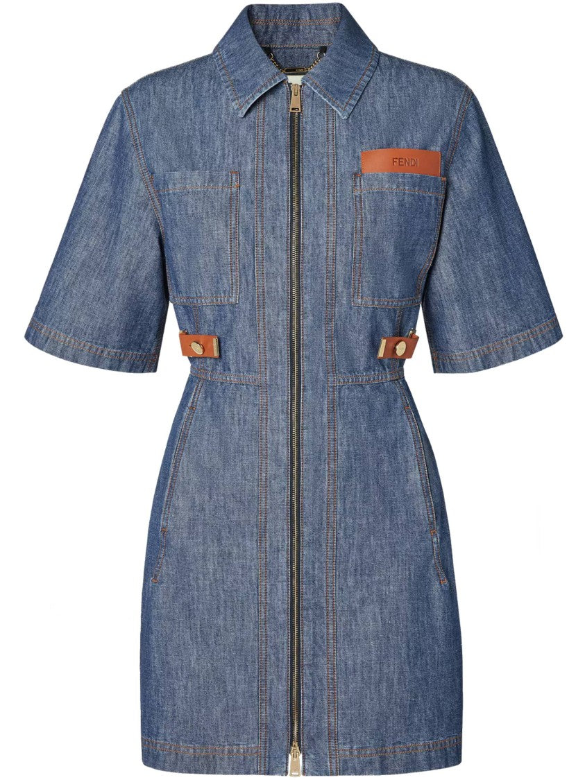 Fendi Short-Sleeved Denim Dress With Structured Collar And Utility Pockets