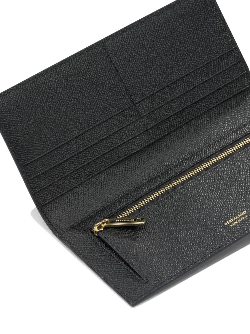 Ferragamo Textured Leather Wallet With Zippered Compartment And Gold Accents