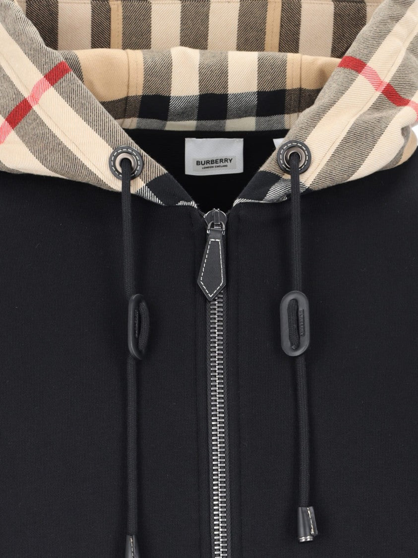 Burberry Black Cotton Check Drawstring Hoodie