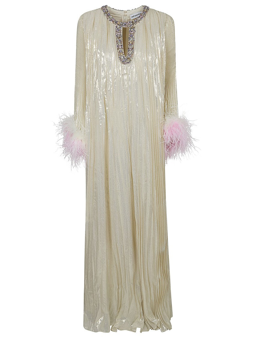Self-Portrait Metallic Ombre Feather Maxi Dress With Embellished Neckline