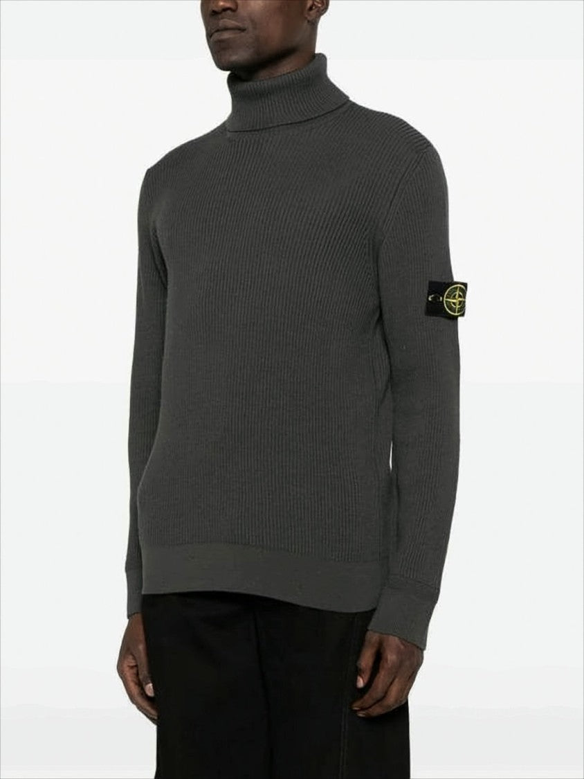 Stone Island Ribbed Knit Turtleneck Sweater With Compass Logo