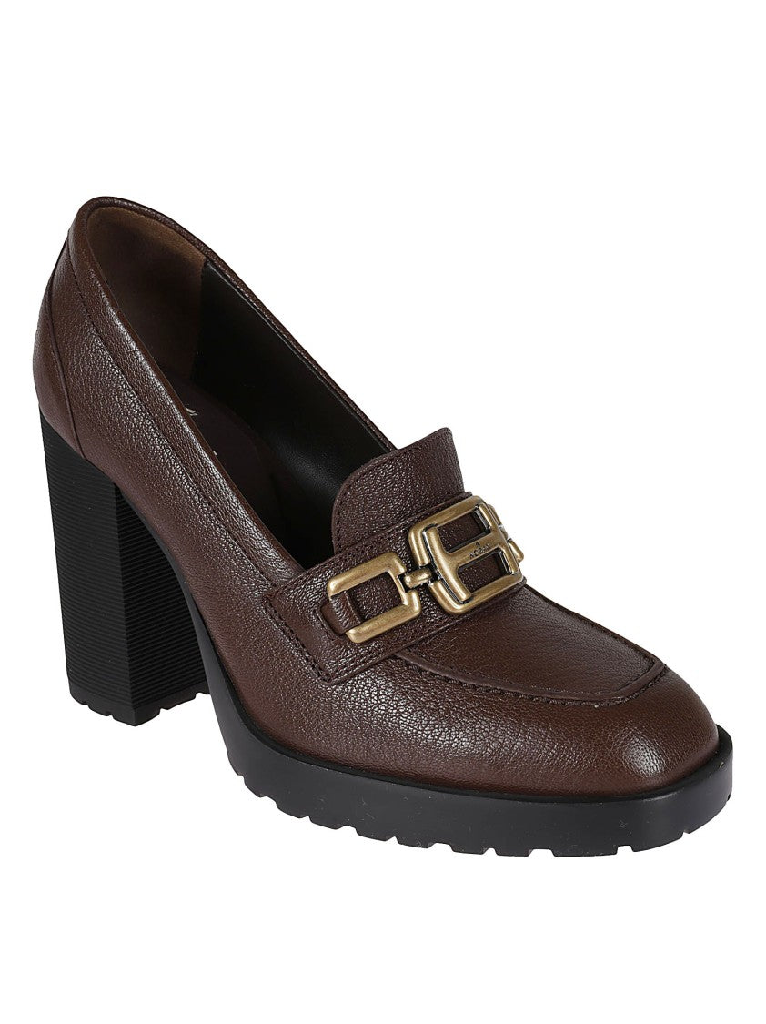 Hogan H623 Brown Leather Loafer With Gold Buckle
