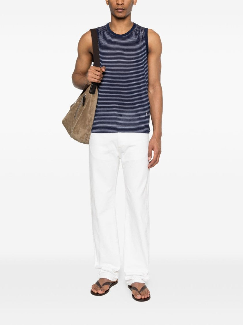 Ami Paris Blue White Logo Striped Sleeveless Top