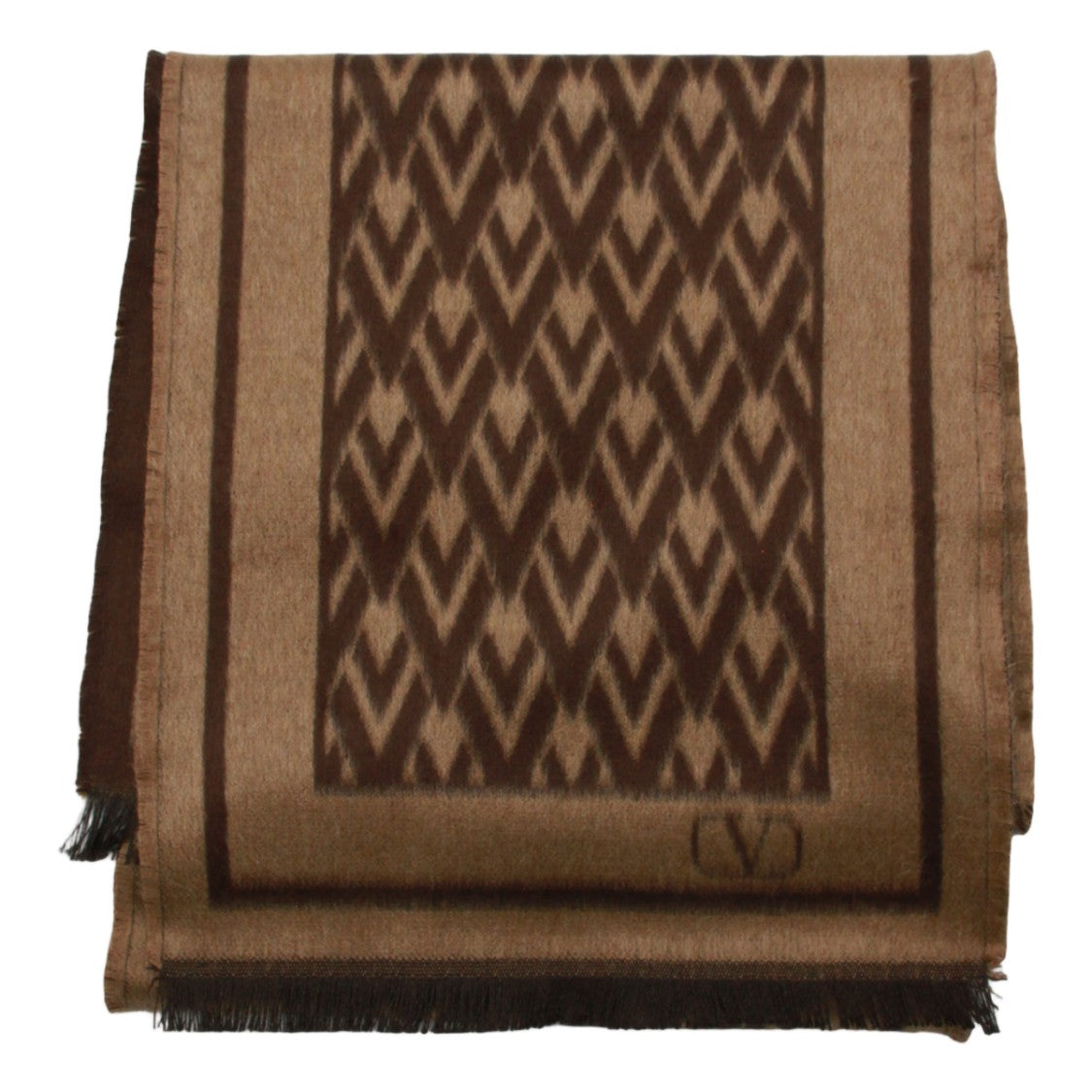 Valentino Garavani Rectangular Brown Geometric Pattern Scarf With Fringed Edges
