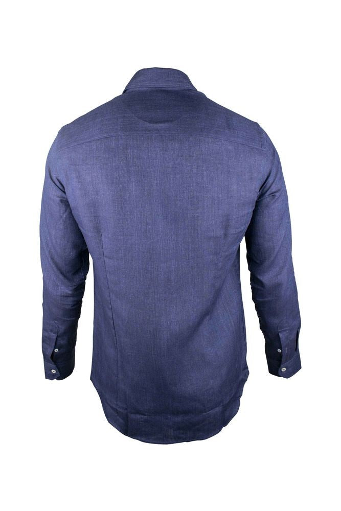 Moorer Navy Blue Linen Shirt With Removable Stays